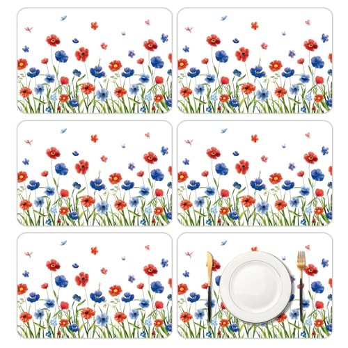6 Pcs 4th of July Patriotic Floral Plastic Placemats, 11x16 patriotic floral