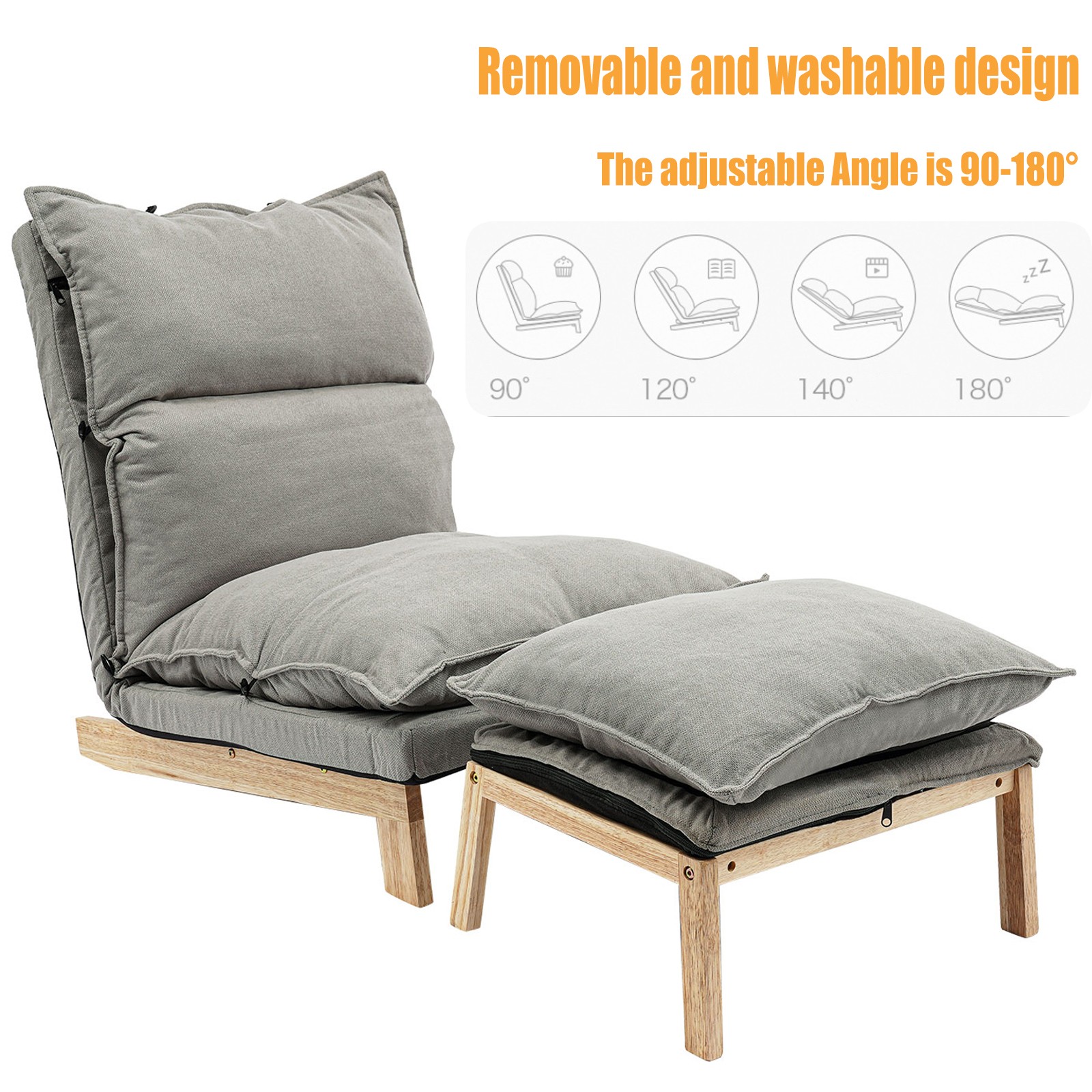 Grey Lounge Chair Single Lazy Sofa Leisure Balcony Adjustable Recliner USA