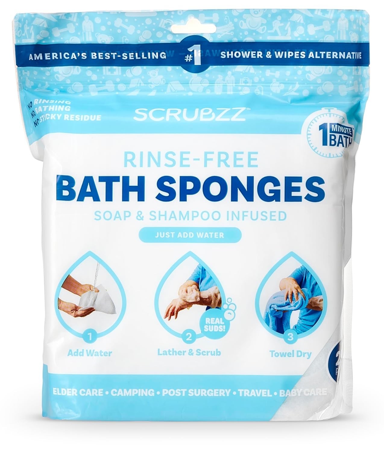 Scrubzz Disposable Rinse Free Bathing Wipes - 25 Pack All-in-1 Single Use Shower