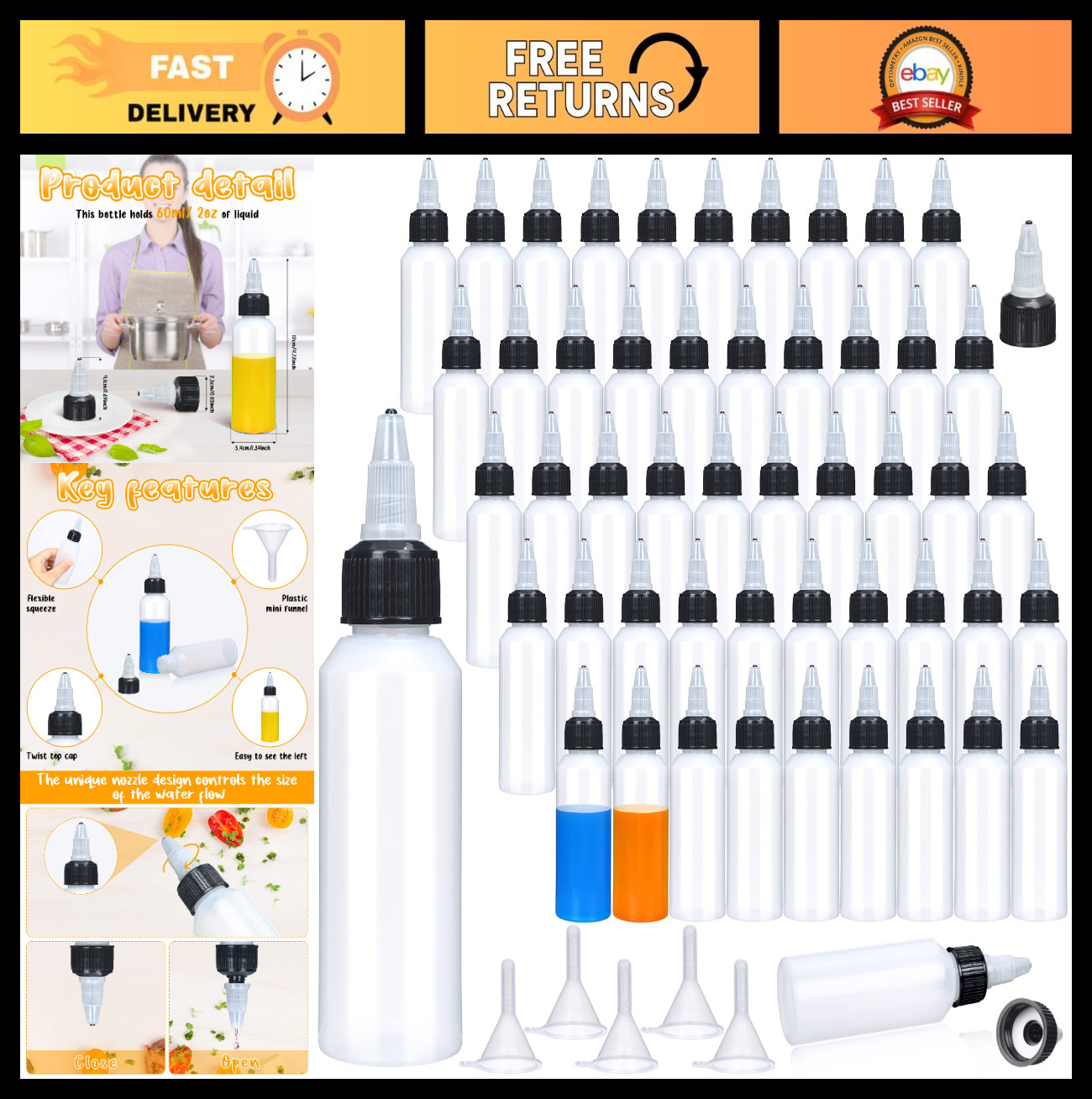 100 Pcs 2 oz Squeeze Bottles with Twist Cap - Bulk Dispensing for Condiments, Oi