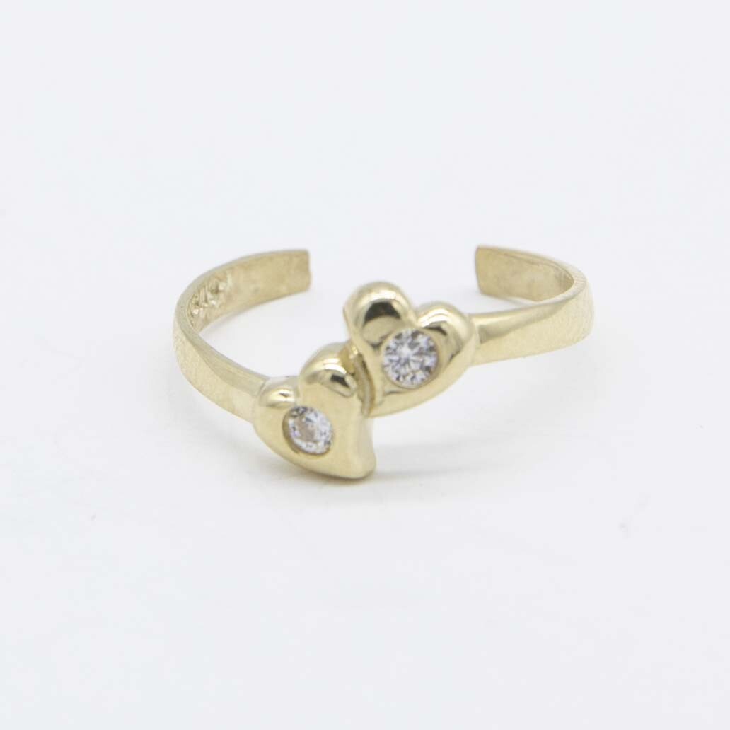 Adjustable Double Heart Toe Ring Solid Real 10K Yellow Gold