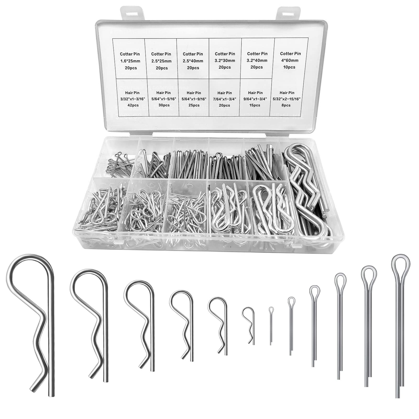 OFYDNR 250pcs Cotter Pin Hairpin R Clips Assortment Kit, 12 250Pcs, Silver