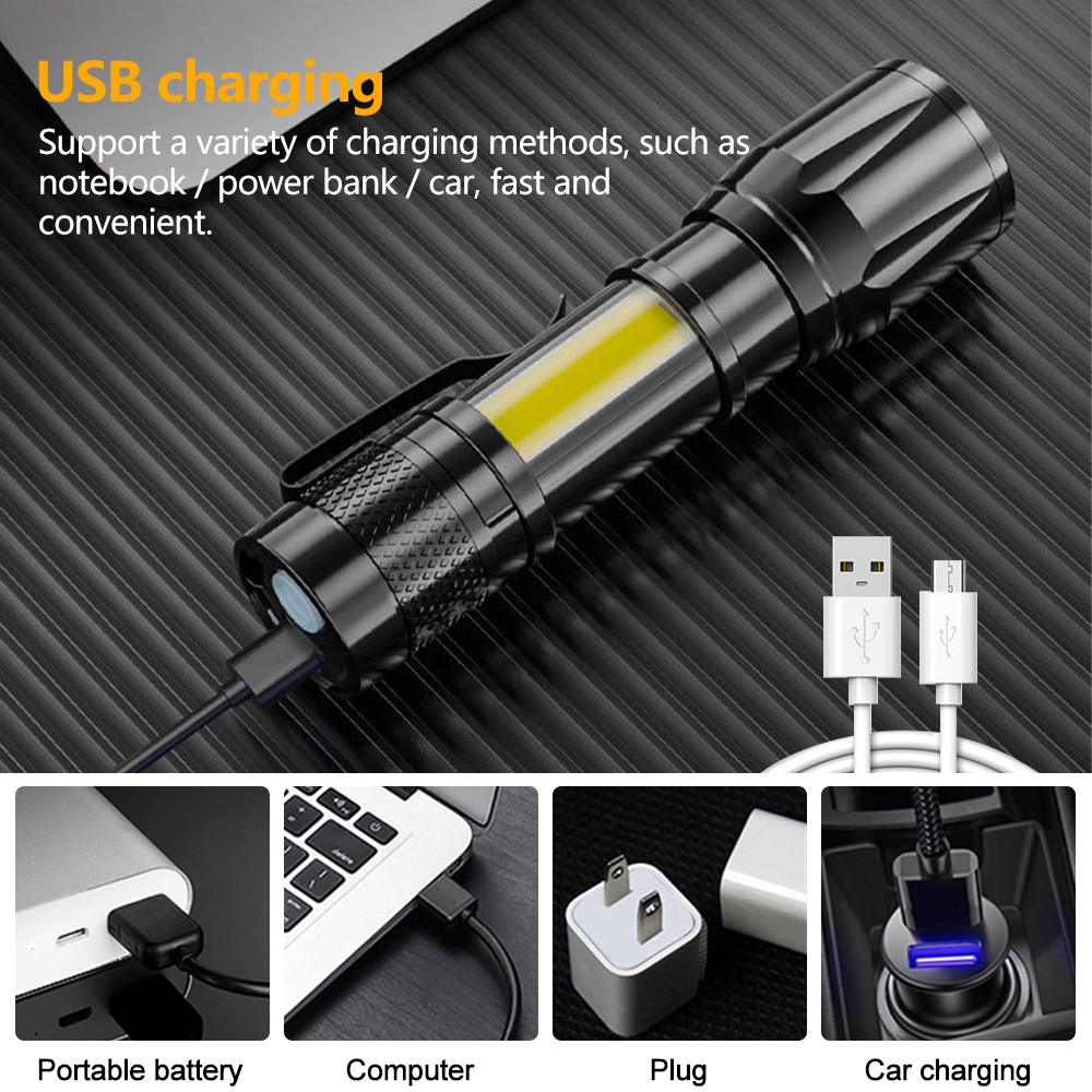 2pcs Mini LED Flashlight COB Side Light Zoomable USB Rechargeable Portable Torch