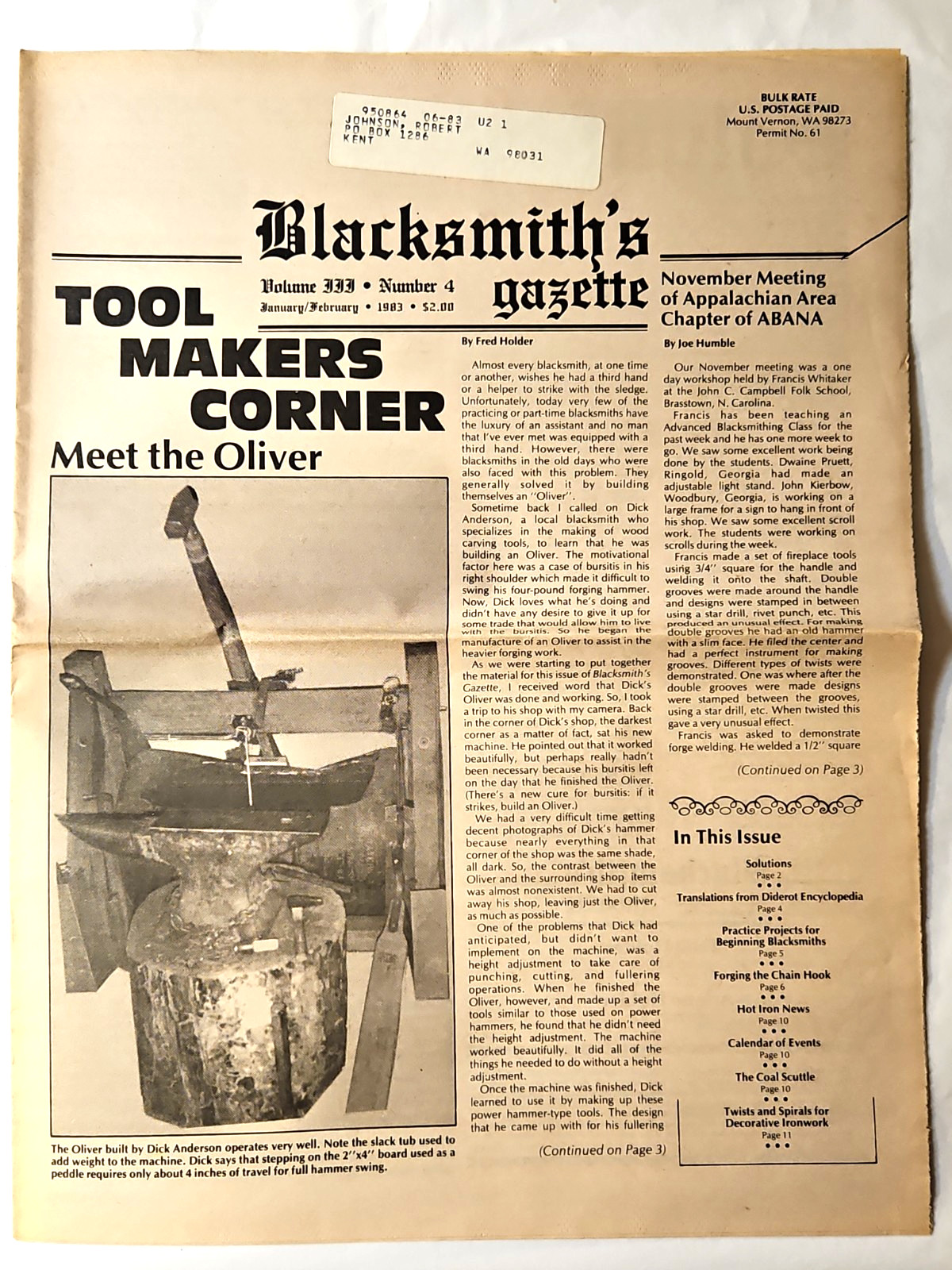 Blacksmith's Gazette Newspaper Mt. Vernon, WA. Volume 3 Number 4 Jan./Feb. 1982