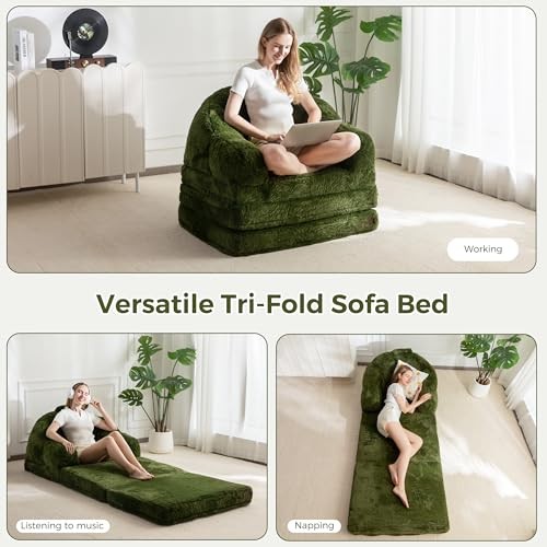 Folding Sofa Bed, 2 in 1 Convertible Sofa to Lounger Comfy Single Bean Green