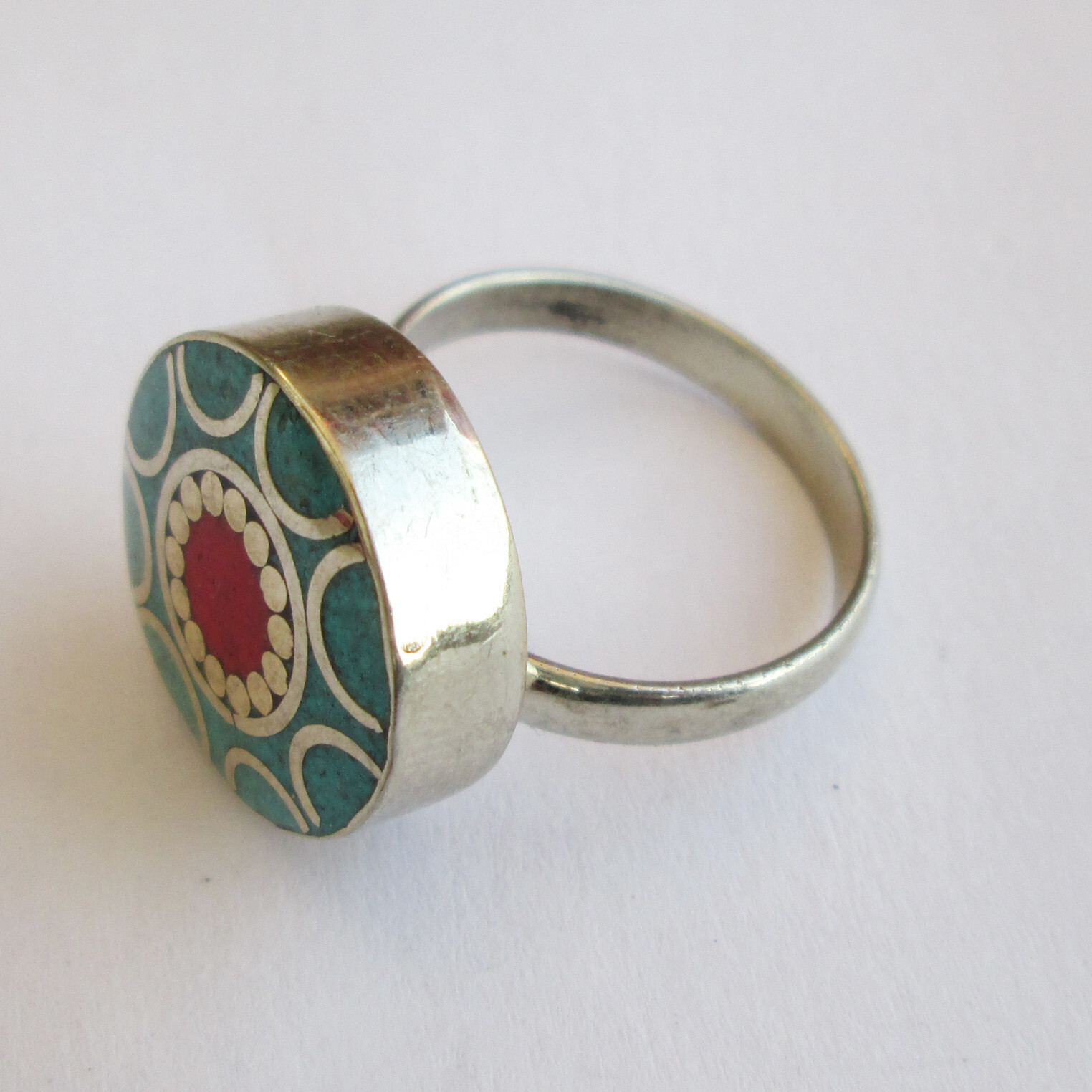 Tibetan Silver Turquoise Red Coral Original Jewelry Adjustable Unisex Ring R20