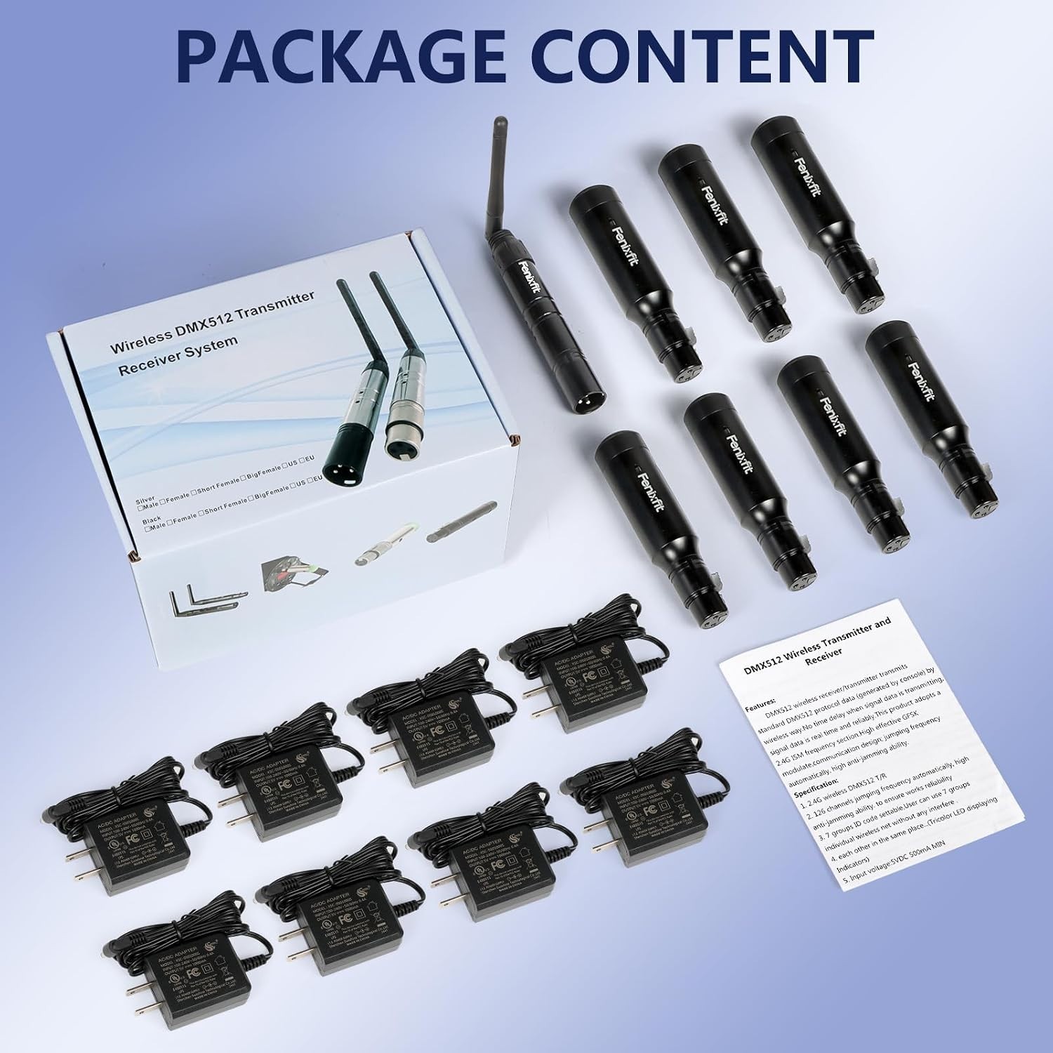 No Delay Wireless DMX Lighting Control: 1 Transmitter & 7 Receivers, Plug & Play