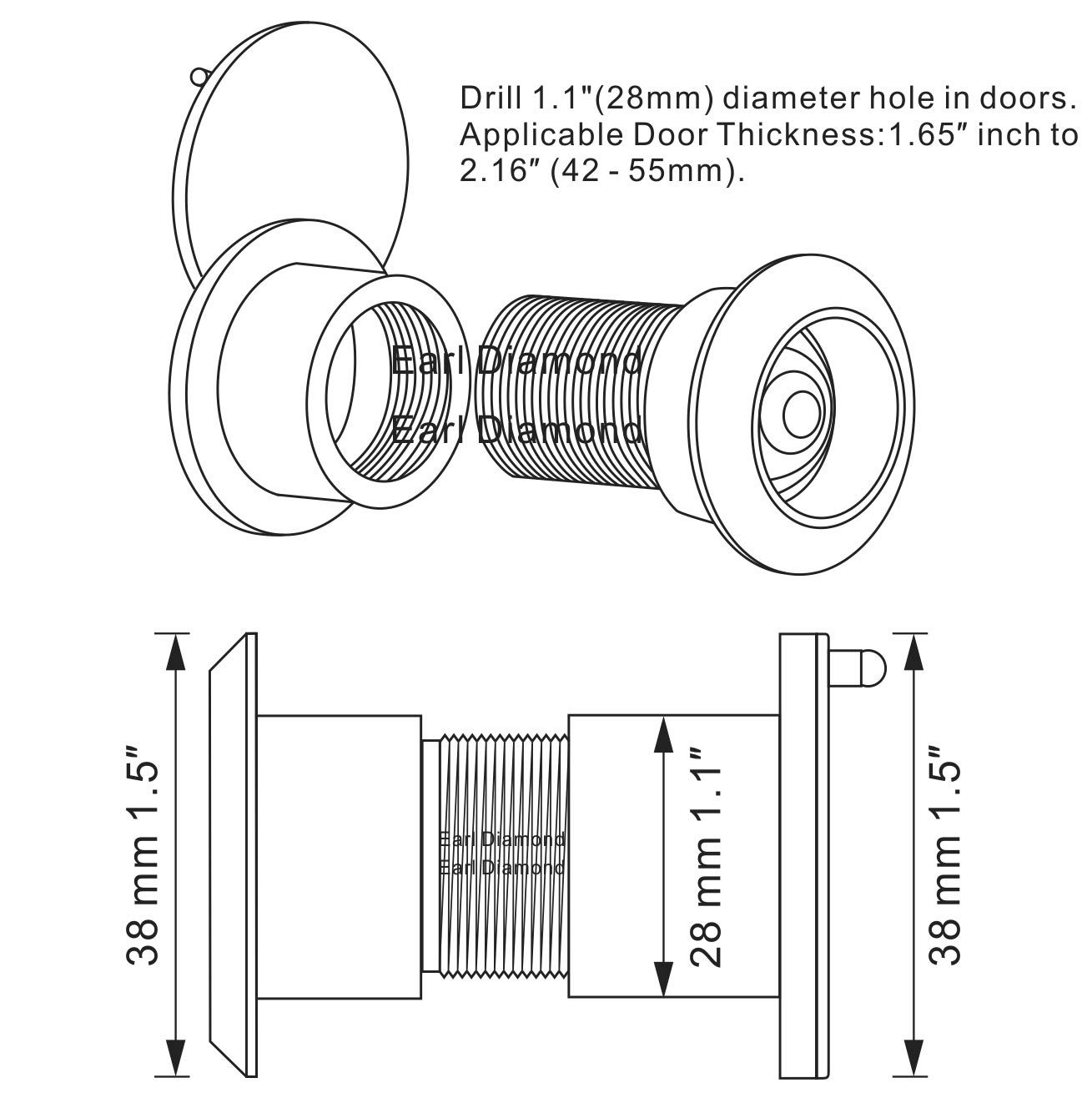 Earl Diamond - Solid Brass Door Viewer Peephole 220-Degree Security Peephole
