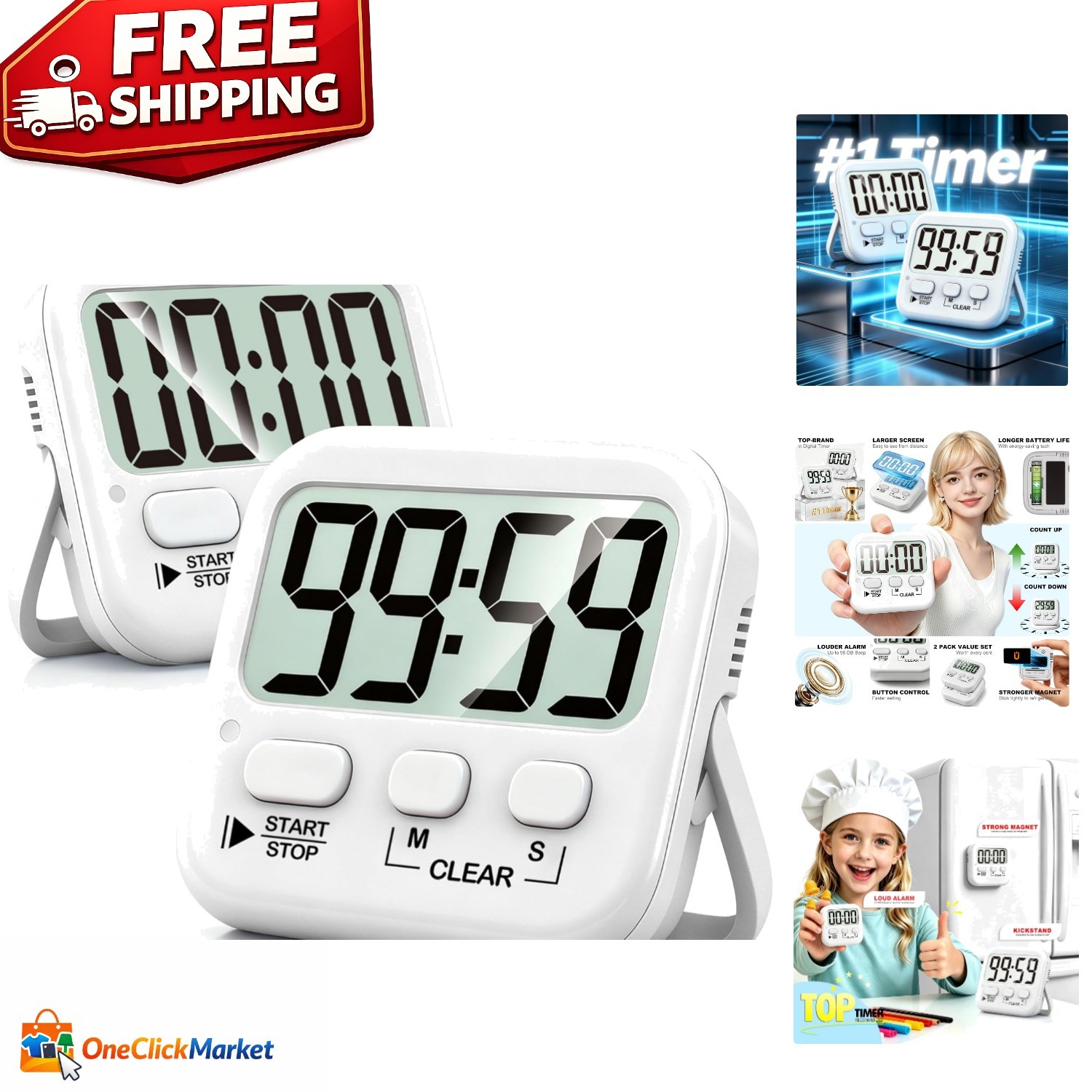 Dual Pack Digital Countdown Timers with Large Screen for Home & Classroom
