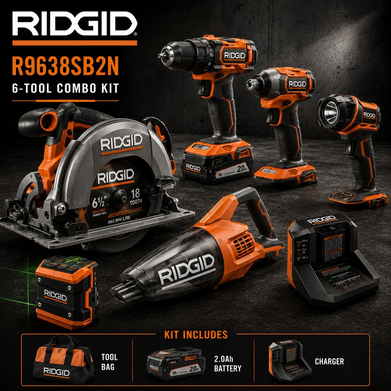 RIDGID R9638SB2N 18V Cordless 6 Tool Combo Kit w/ Battery Charger Bag New