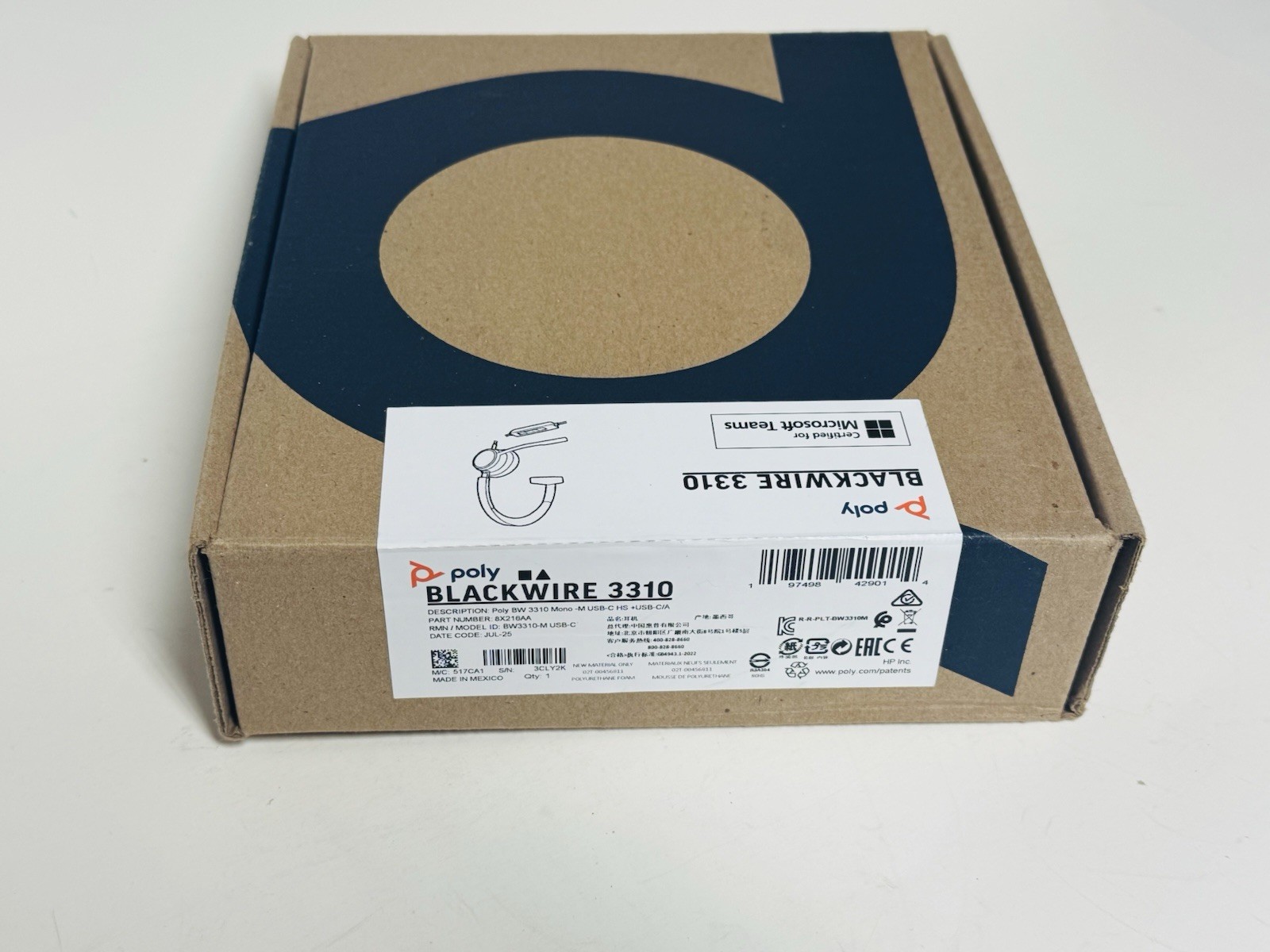 Poly Blackwire 3310 Monaural Microsoft Teams USB-C Headset +USB-C/A - New