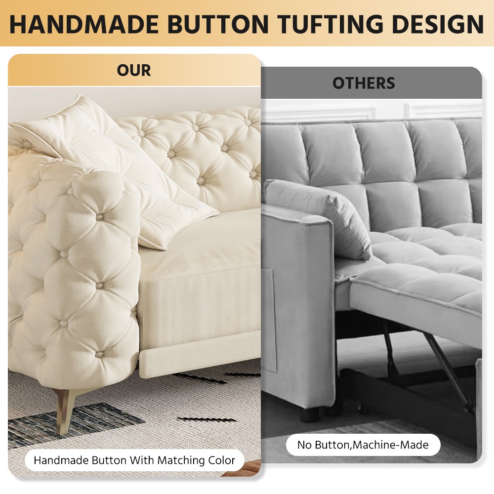 Convertible Sleeper Sofa Bed w Ottoman, Seats 4, Velvet, Beige/White