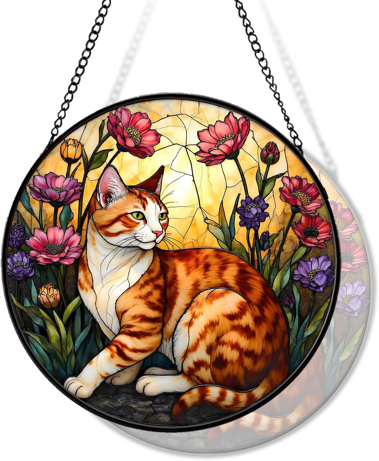 Orange Cat Stained Glass Suncatcher Window Hanging Cute Home Decor Art