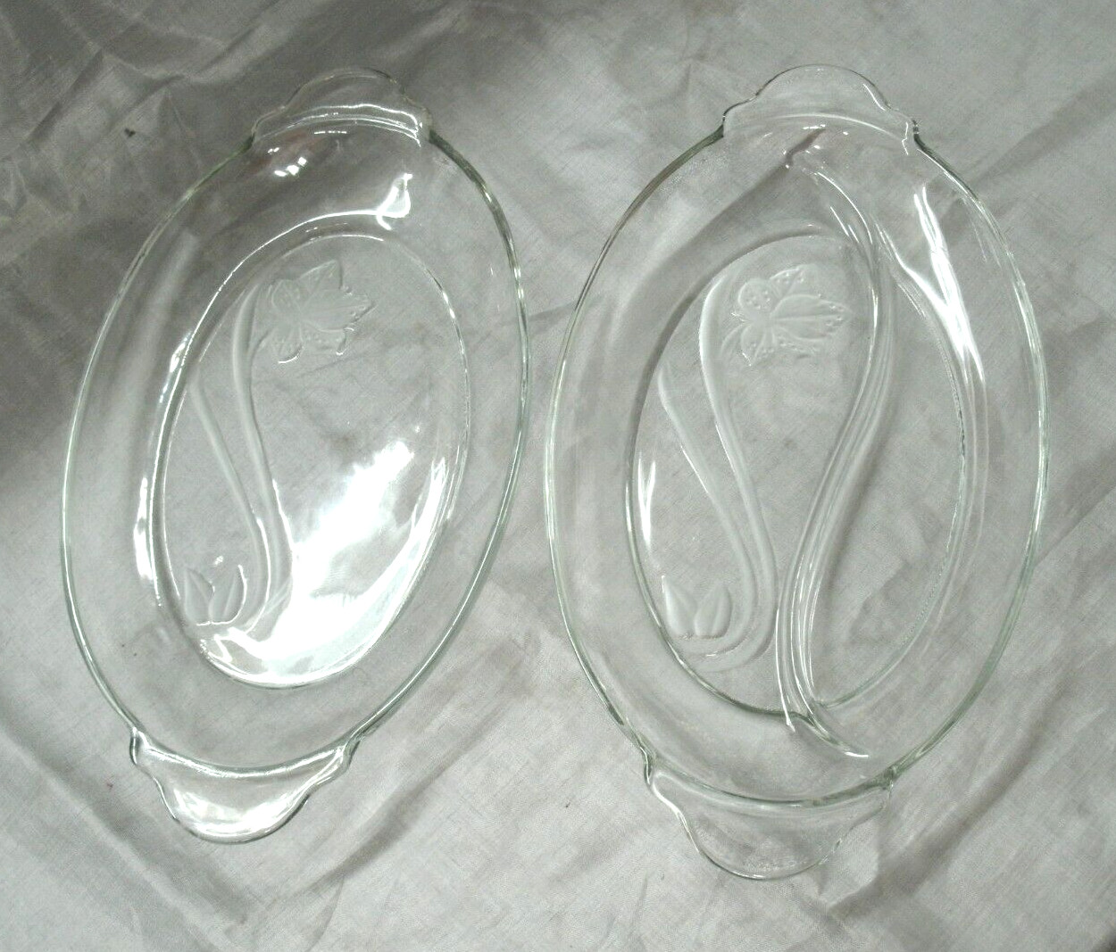Vtg Anchor Hocking SATIN IMAGE Set of 2 Oval Relish Dish 1 Divided 13" w/Handles