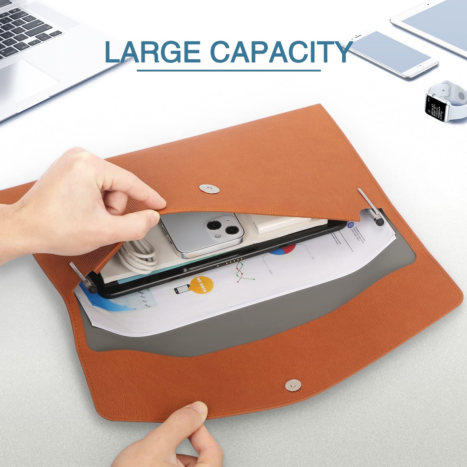 File Folder, PU Leather A4 Document Holder File Organizer Filing Envelope Por...