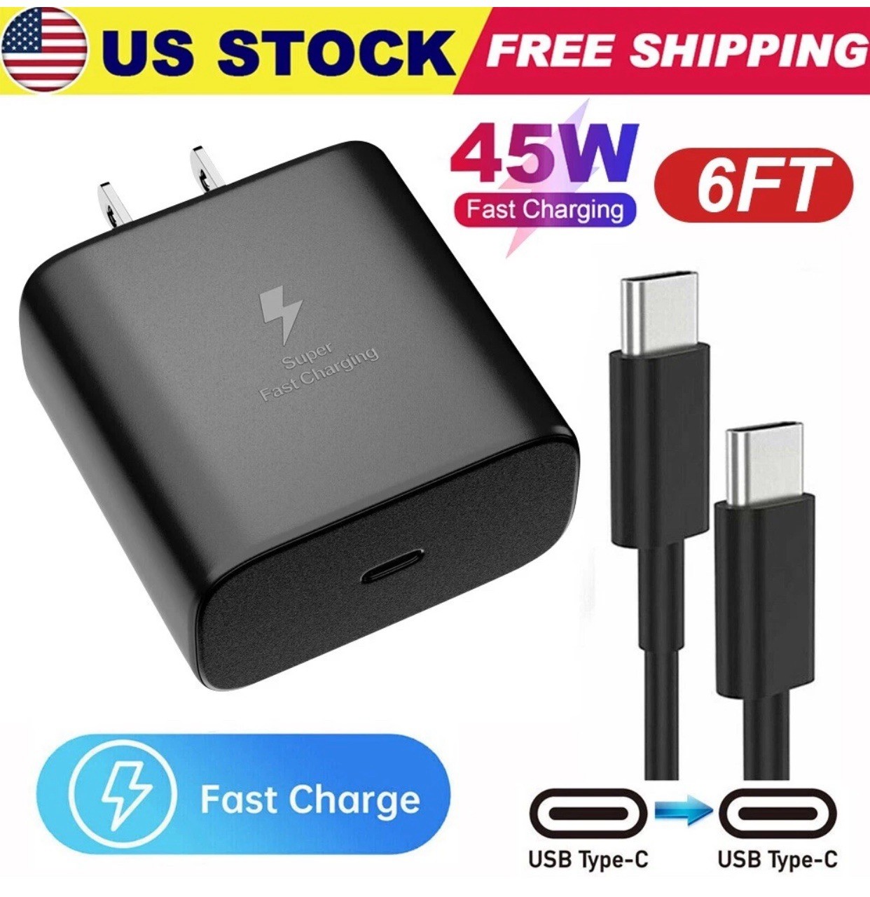 45W Super Fast Charger + 6FT USB-C to USB-C Cable for Samsung S24 S23 S22 S21