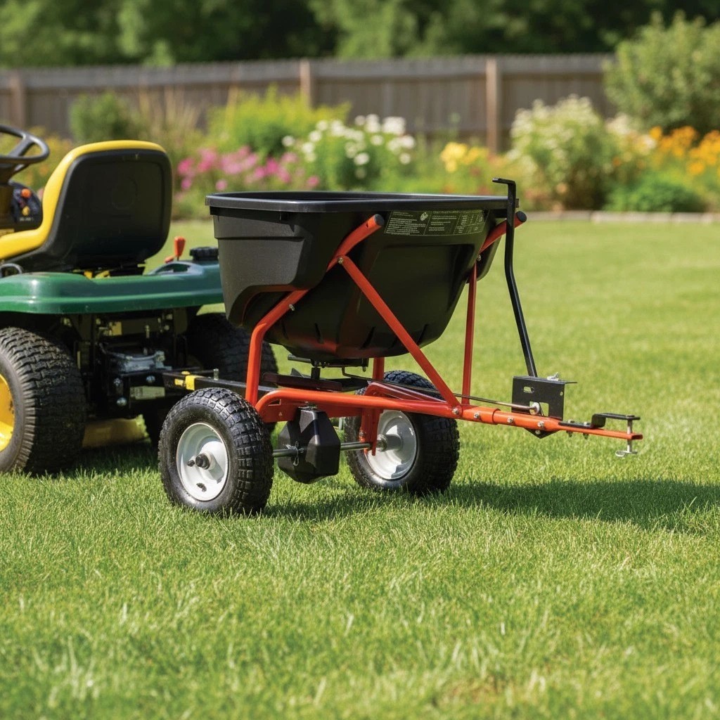 130 lb Tow-Behind Spreader for Fertilizer and Seed with Durable Construction