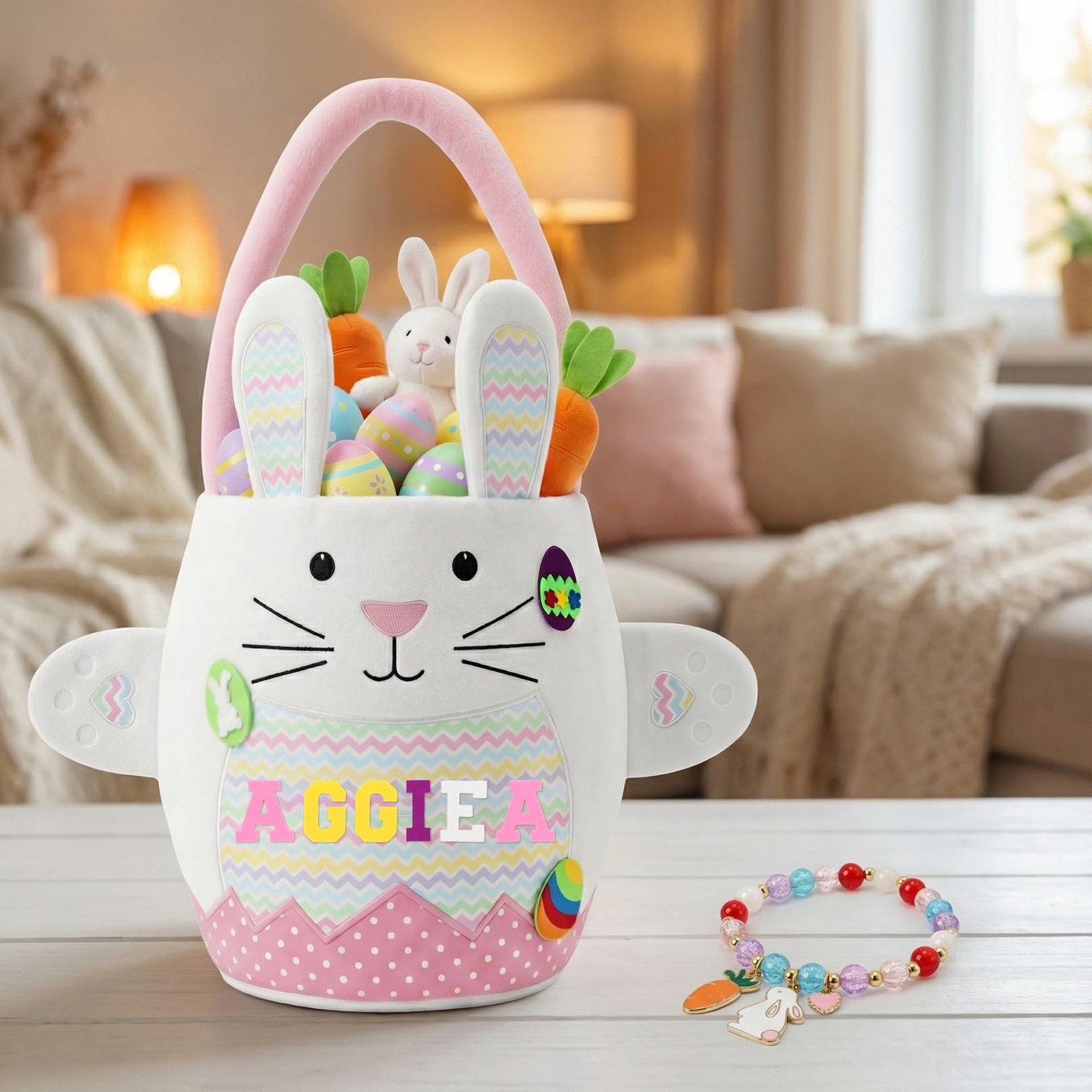 Easter Baskets for -Pink Cute Easter Bunny Baskets with Felt Letter Stickers ...
