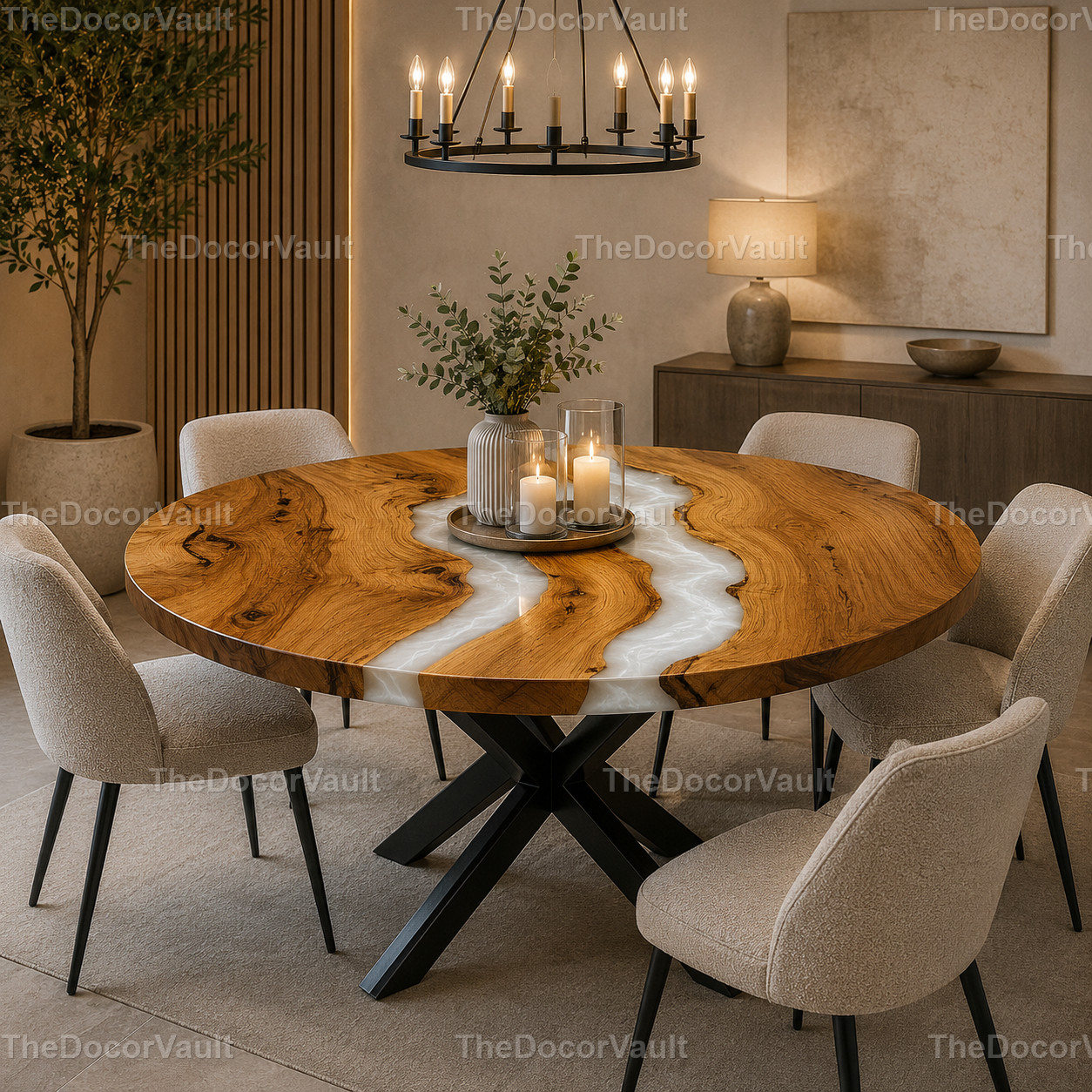 Round Live Edge Wood White Epoxy River Dining Table Top Handmade Custom