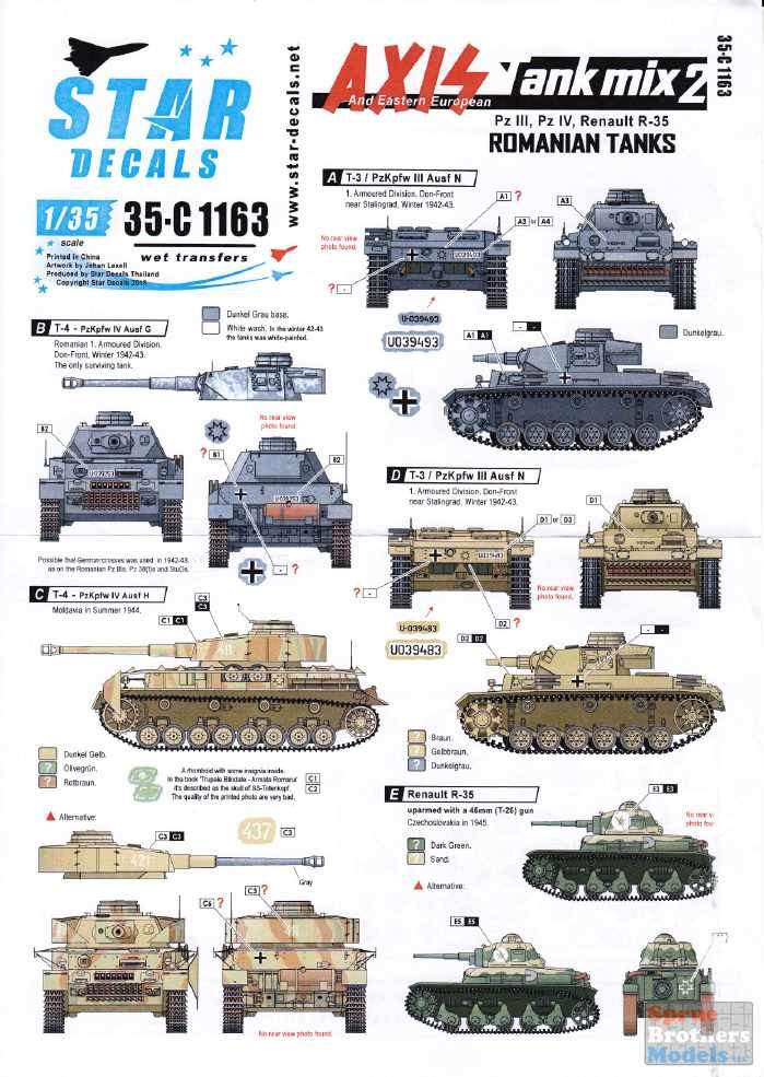 SRD35C1163 1:35 Star Decals - Axis Tank Mix #2: Romanian Tanks Pz.III Pz.IV R-35