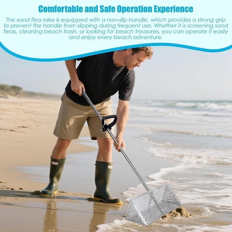 Detachable Sand Flea Rake with Shark Tooth Sifter & Auxiliary Handle Beach Use