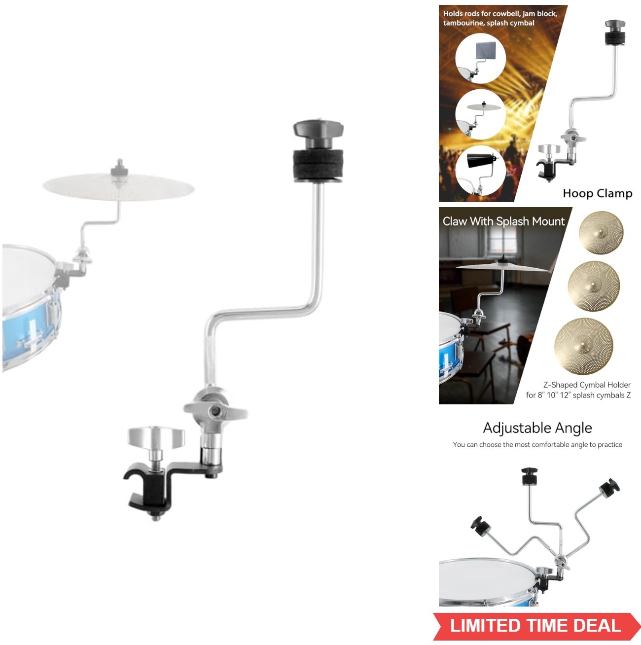 Cymbal Clamp Arm Drum Hoop Mount for Snare Toms Drum Set Steel Splash Holder