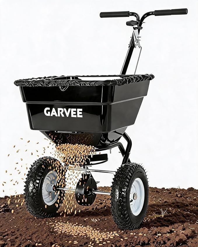 100LBS 12ft Push Behind Broadcast Spreader Push Garden Lawn Spreader Seed Yard
