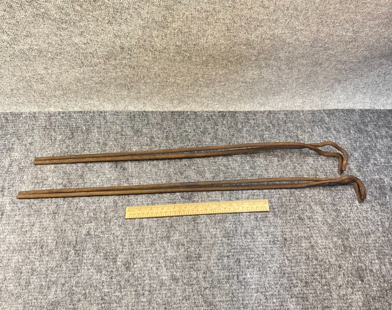 Vintage Blacksmith Tongs 2 Pc Curved & Straight Jaw 29" Forged Iron
