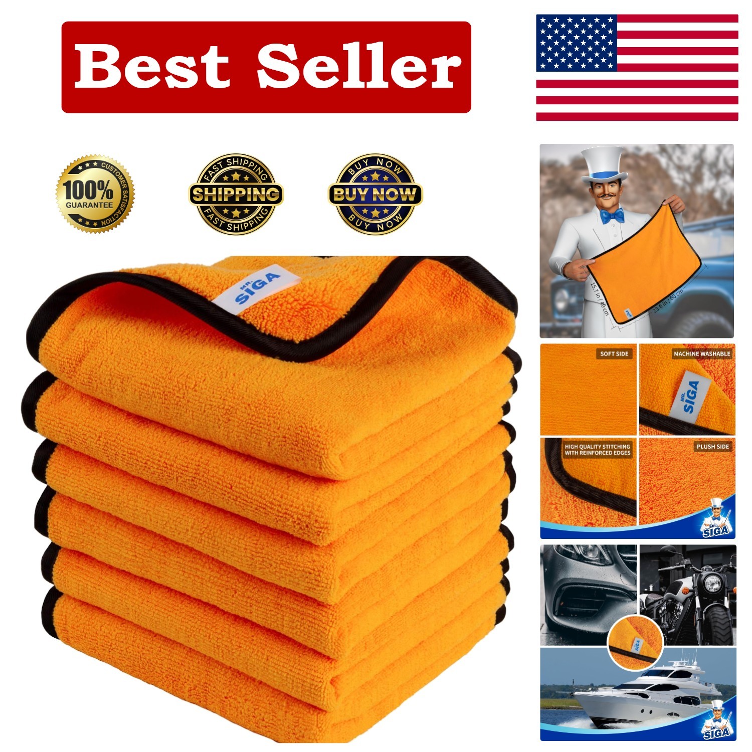 Superior Absorbent Microfiber Towels for Car Care - 6 Pack, Gold, 15.7x23.6 Inch