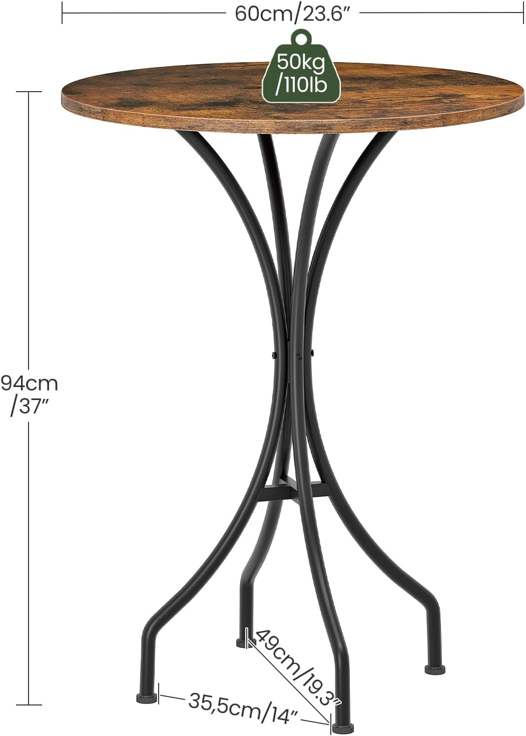 Round High Top Bar Table for Kitchen, Pub, Bistro, Rustic Brown/Black