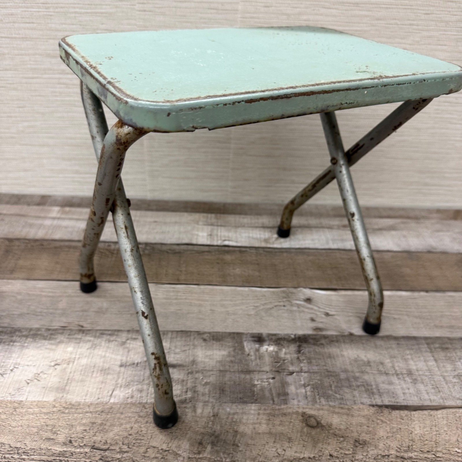 Vintage Metal Folding Stool With Distressed Aqua Seat & Rusted Frame  Unique Rus