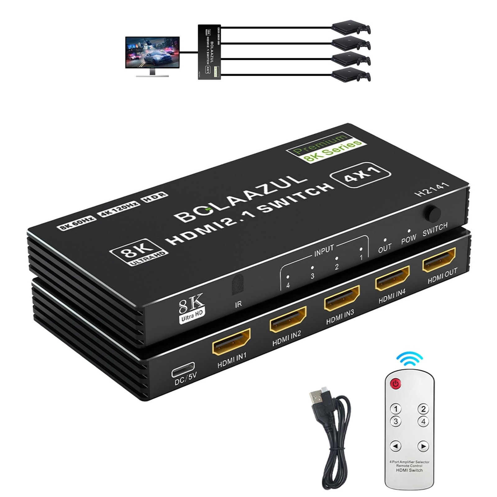 BolAAzuL 8K HDMI 2.1 Switch 120Hz 4K 4 in 1 Out, 8K@60Hz HDMI 2.1 Splitter Sw...