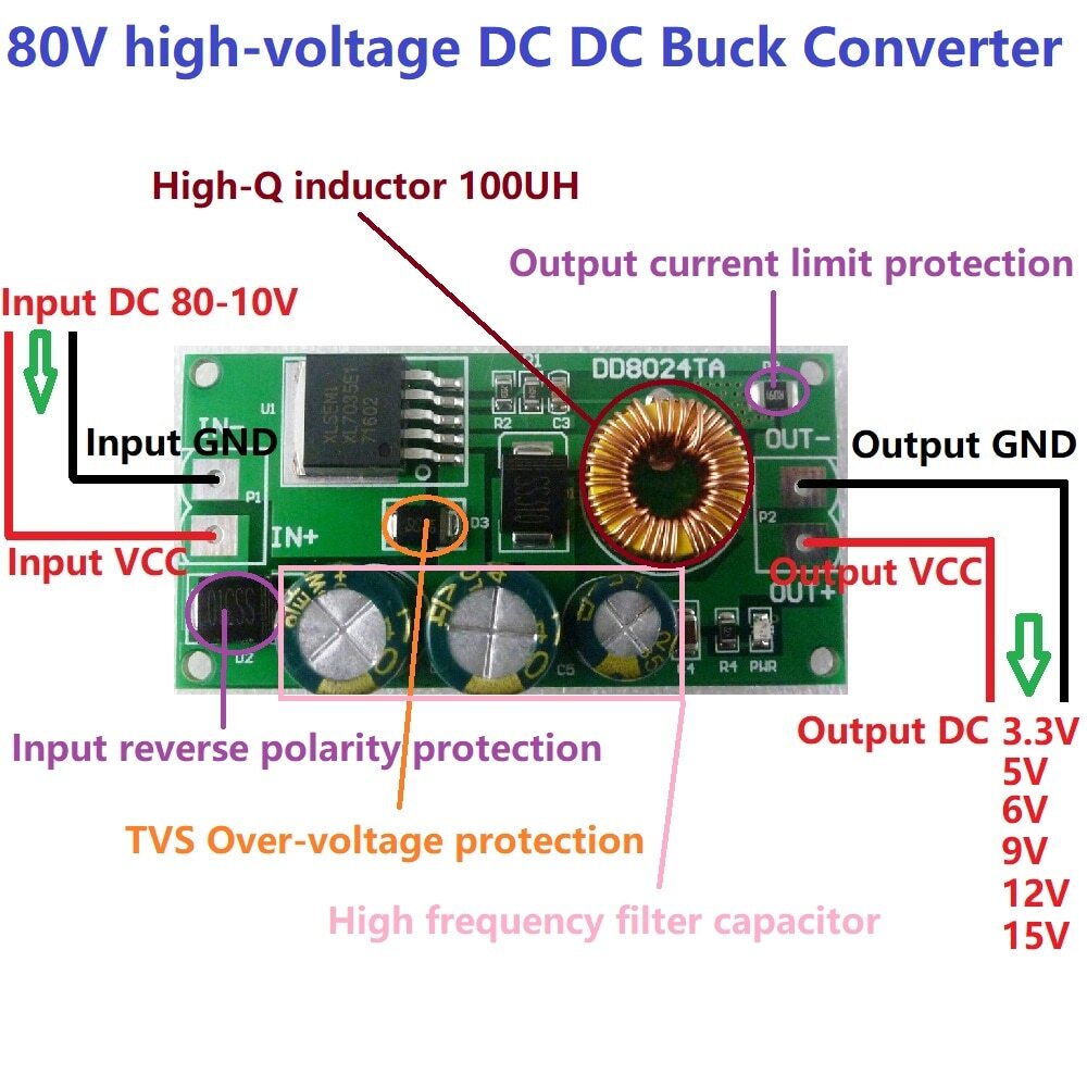 1x DC-DC High-Voltage EBike 80V 72V 64V 60V 48V 36V 24V To 15V 12V 9V 6V 5V 3.3V