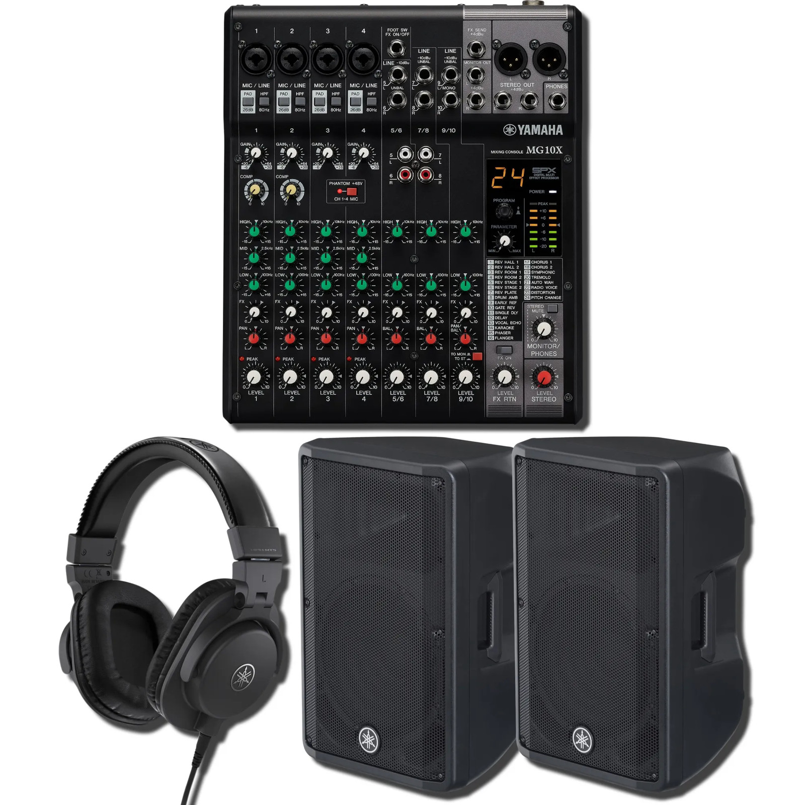 Yamaha MG10X CV 10-Ch Mixer w/ 2x DBR12 1000W Speakers & HPH-MT5 Headphones