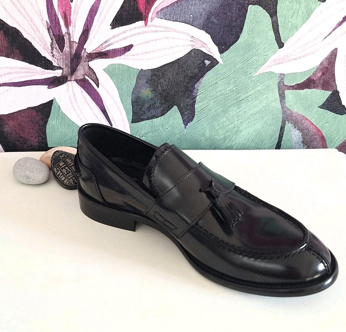 +2PlusTwo Men's Black Tassel Loafers Leather Loafers Loafers Size 42