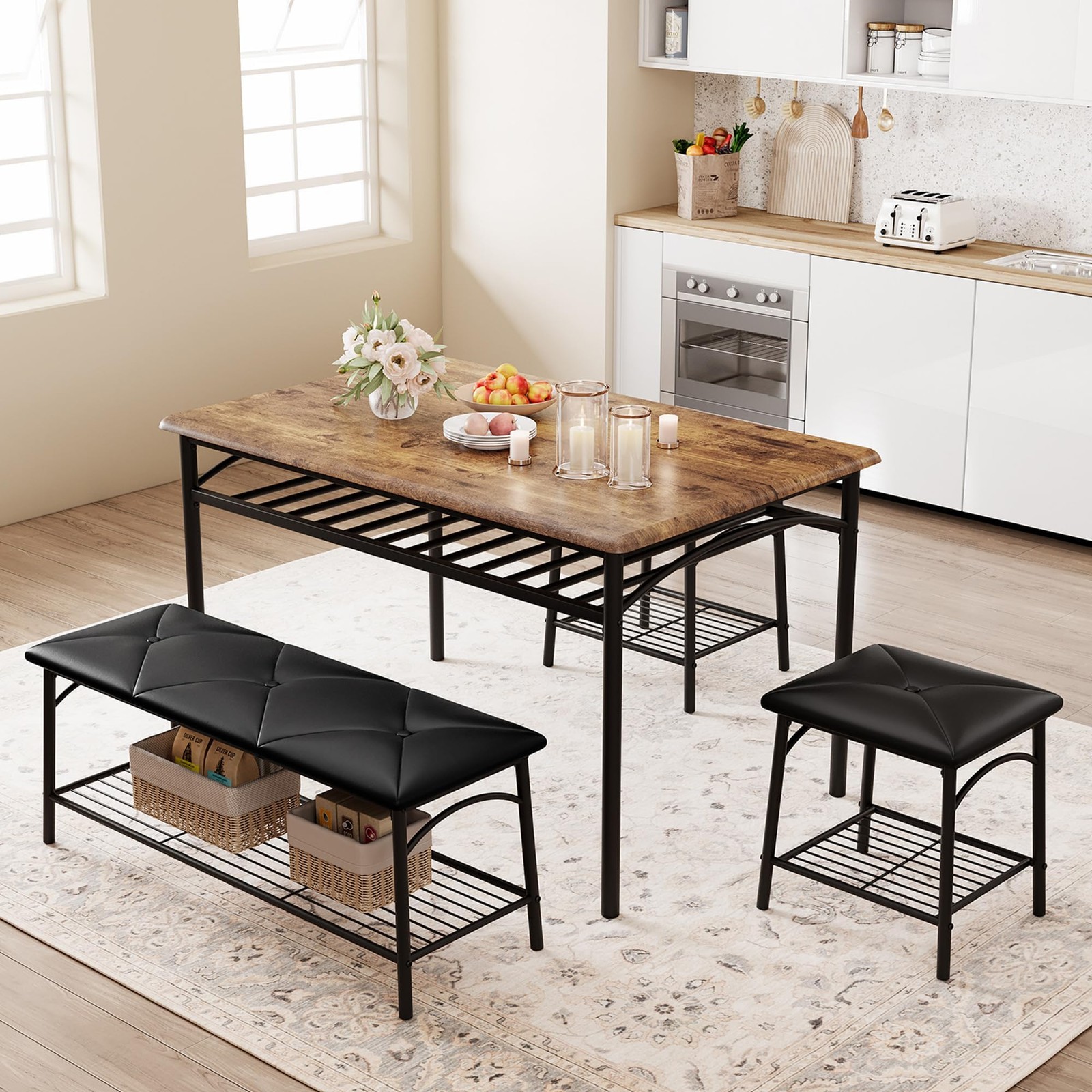 4PCS Dining Set w/ Storage Shelf, Kitchen Table w/ Upholstered Bench & 2 Stools