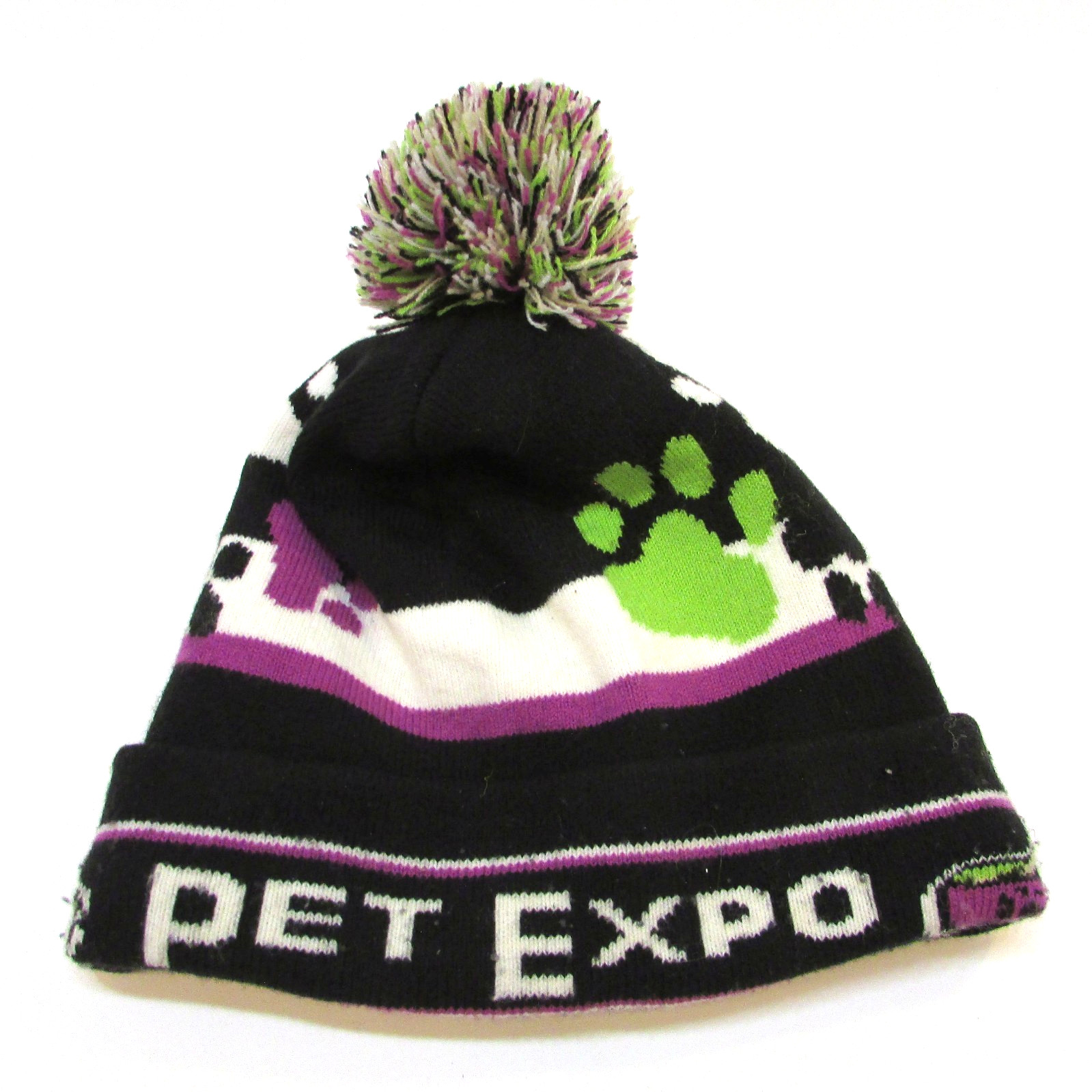 Vintage 1990's The Paw Pet Expo Knit Stocking Cap Beanie Hat Tuque w Pom Pom Pom