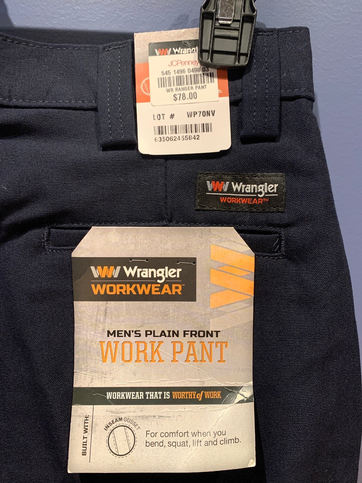 Mens 32 X 36 Work Pant, Navy, Wrangler Plain Front, NWT, Pockets $78