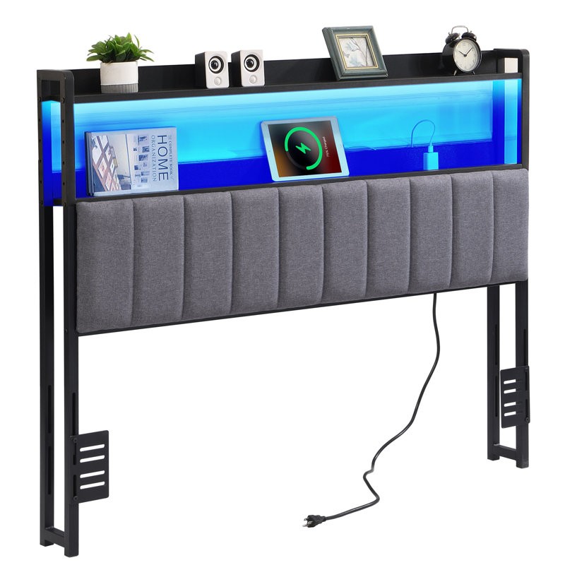 Full Size Headboard Only with LED Lights USB Charging Station W/ Storage Shelf