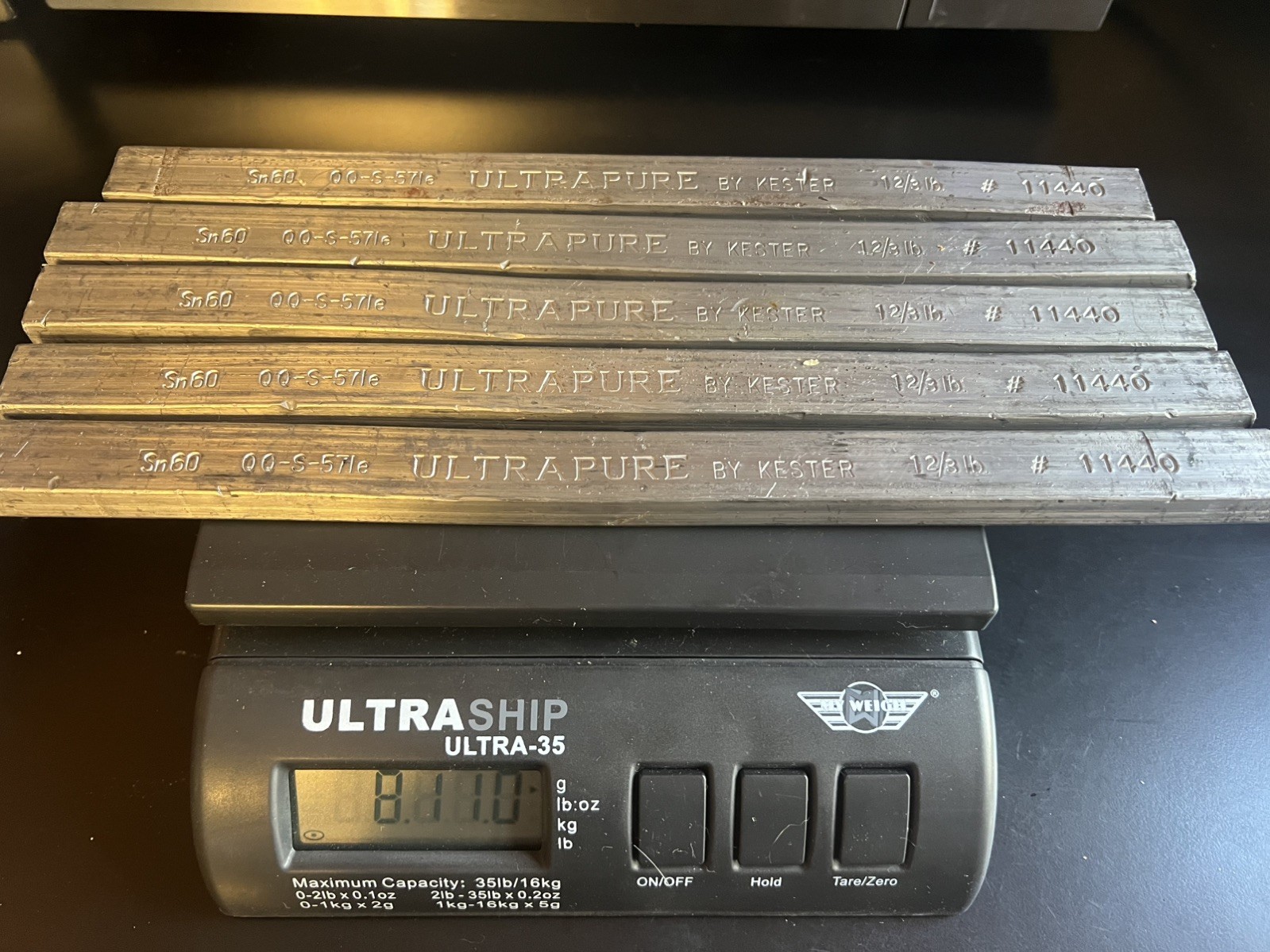 KESTER ULTRAPURE SN-60 QQ-S-571e bar solder - 5 @ 1 2/3 pounds each = 8.33 lbs
