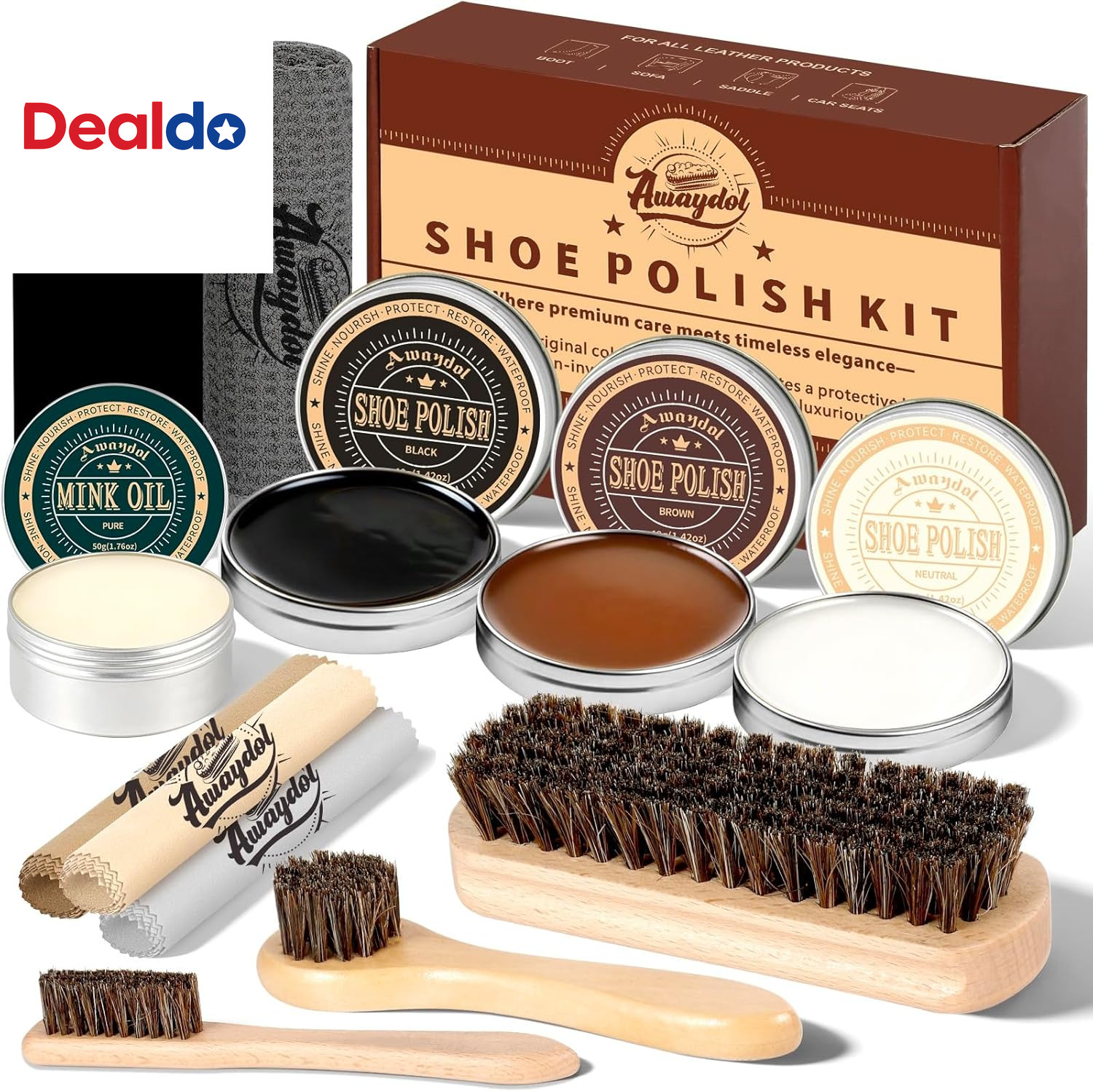 10 PCS Shoe Care Kit - Horsehair Brushes, Black Brown Neutral Polish,Mink Oil Co