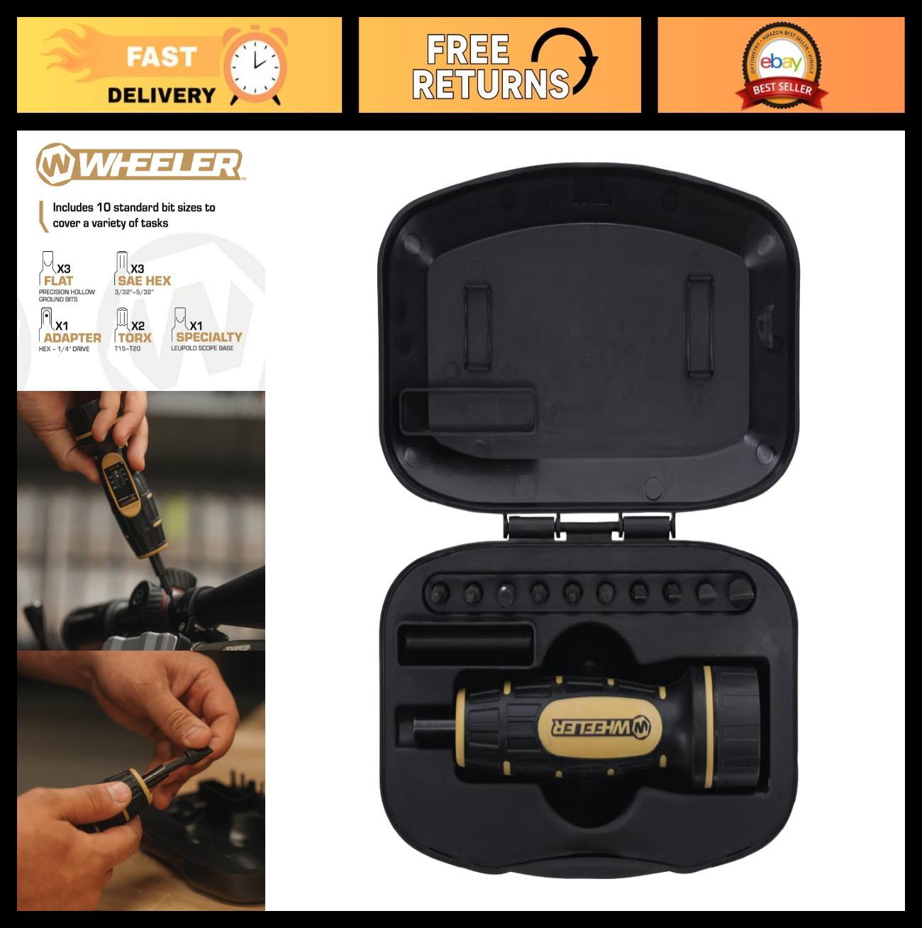 Manual Torque Wrench for Firearms - Inch/Pounds Measurement, Bits & Case for Gun