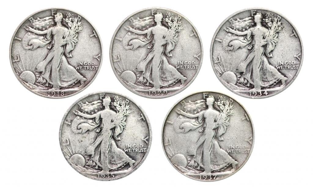Walking Liberty Set of 5 Half Dollars Very Good Random Date