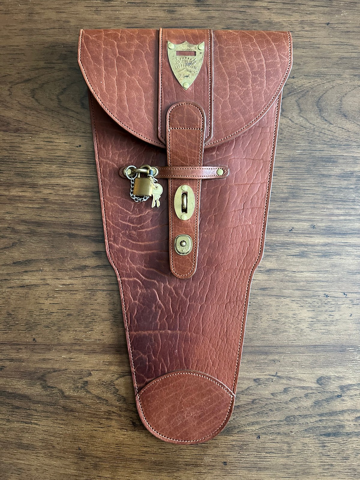 Col Littleton No 1 Leather Pistol Case Buffalo USA Lock Key Vtg Americana 17"