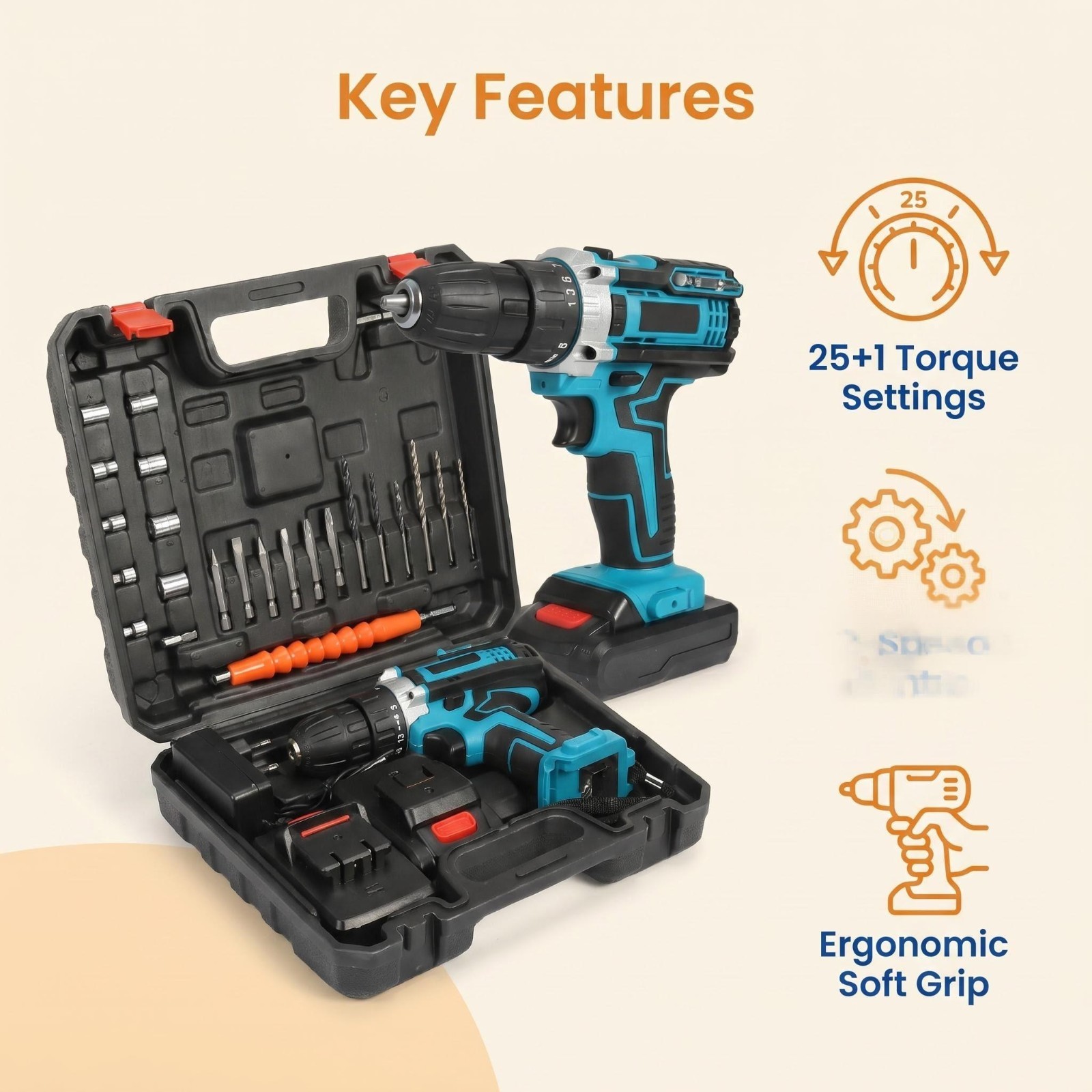 48V Cordless Drill Electric Screwdriver 3/8 Keyless Chuck Work Light