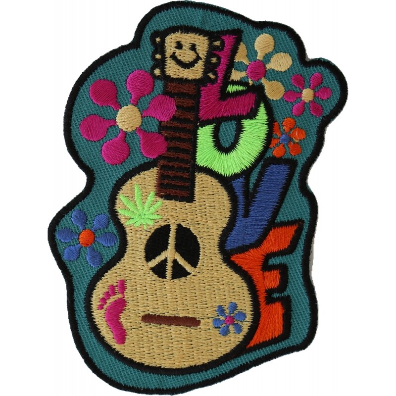 Embroidered Patch (Iron-On), Love Guitar Peace Hippy, 2.75" x 3.75"