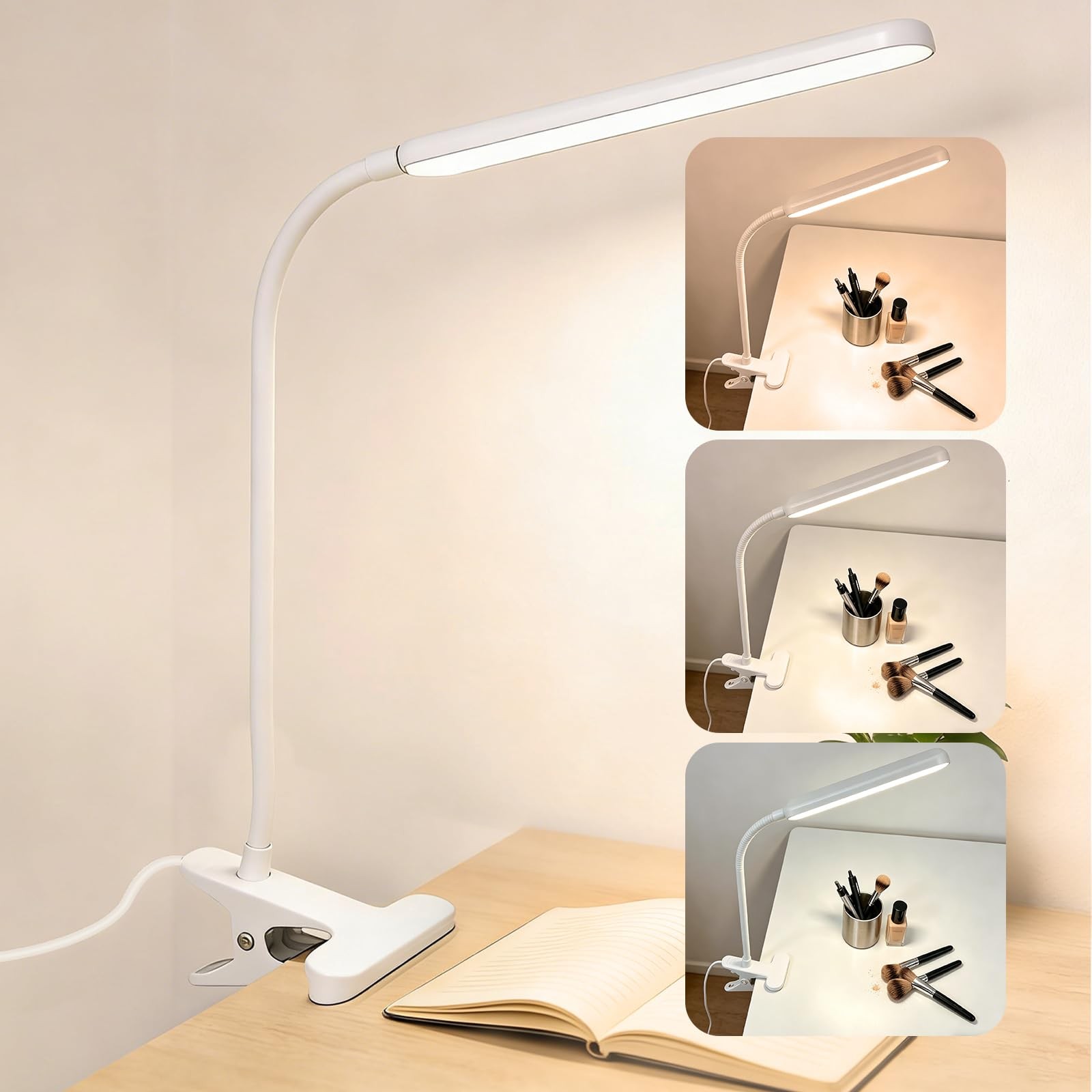 Clip on LED Lamp White 3 Color Modes 10 Brightness USB Easel Nail Tech Reading