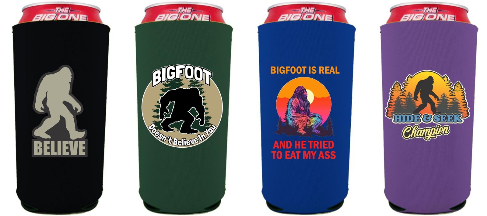 Bigfoot Funny 24/25oz. Can Coolie Designs 4 Pack