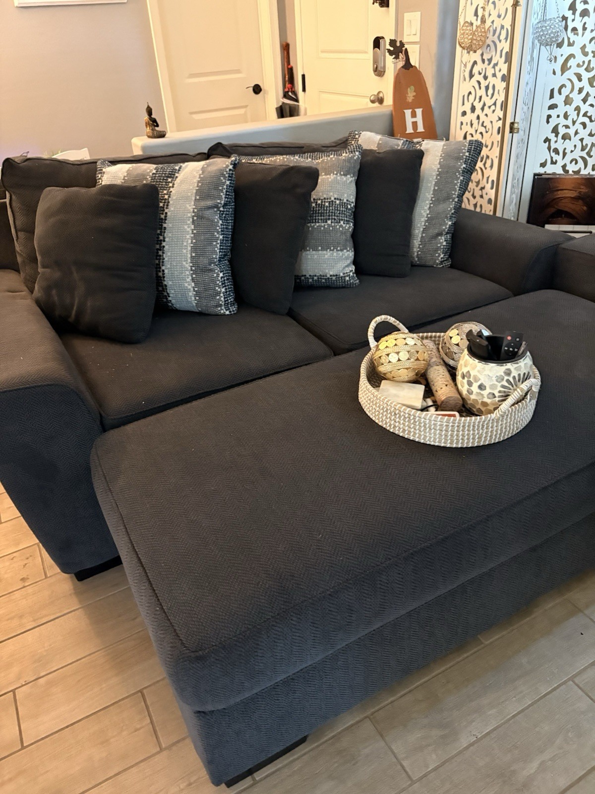 Blue Contemporary Fabric Sofa with Cushions, Seats 4, 70" Wide, Used