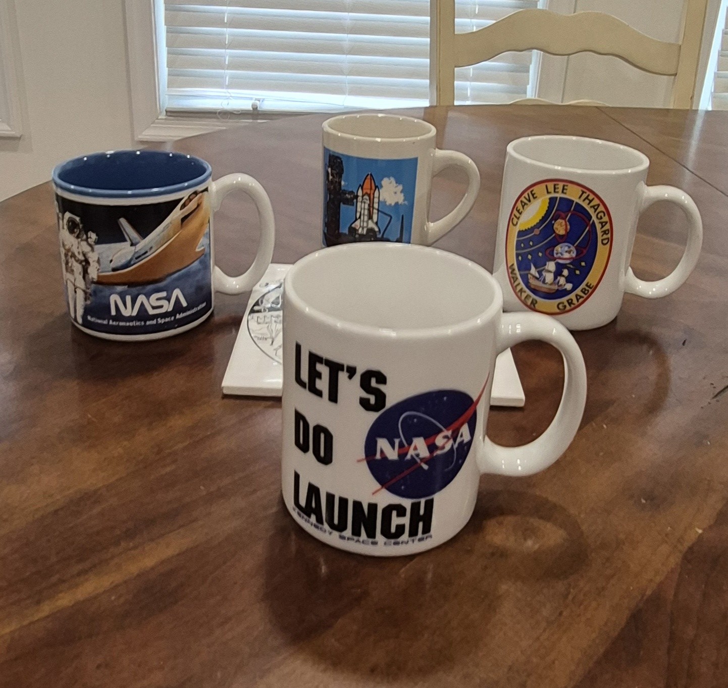 Vintage NASA Launch Day Ceramic Mugs Set Of 4 With Trivet. Various Centers